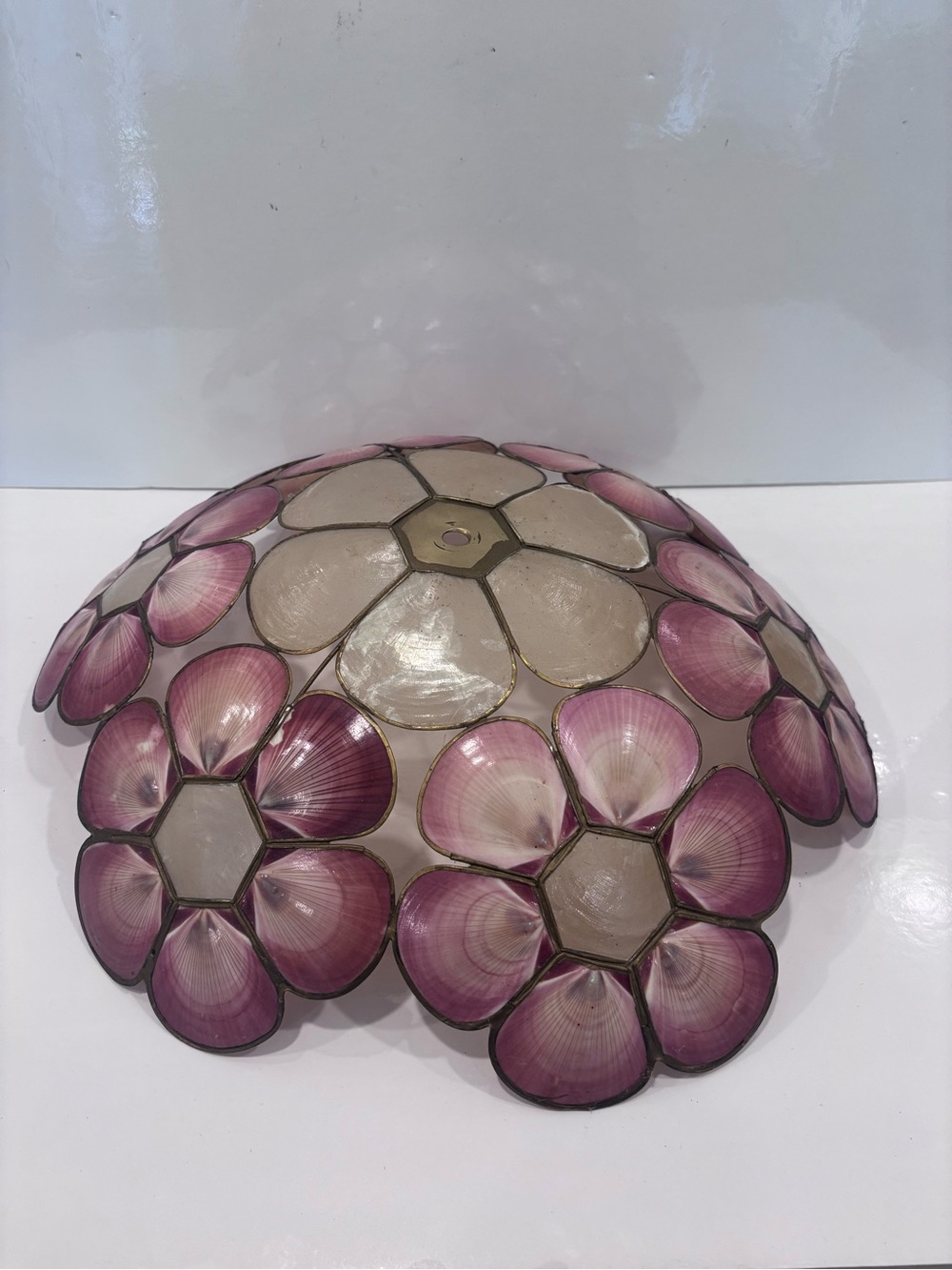 Vintage Capiz shell floral lampshade pink purple seashell mcm boho 12”